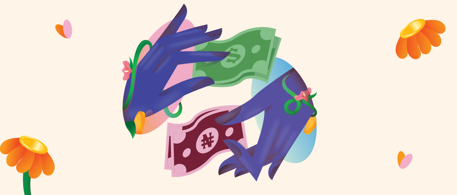 An abstract 3D illustration of a classical blue pillars bank building structure surrounded by floating gold coins, currency notes, and pink flowers, representing the compliant Swap by Flutterwave foreign exchange platform.