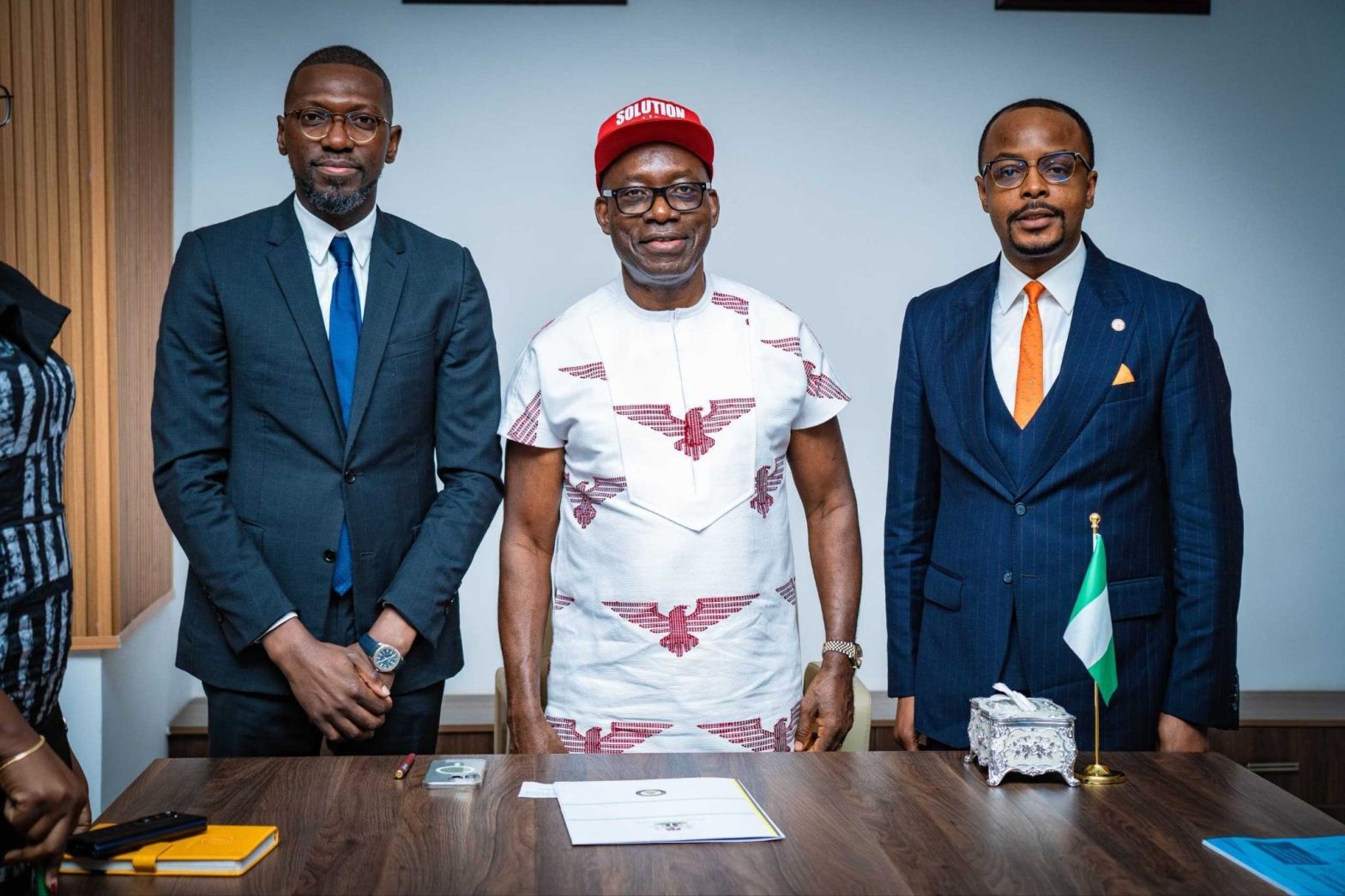 From L-R: Mr Olugbenga Agboola, Founder and CEO, Flutterwave; Professor Charles Chukwuma Soludo, Governor of Anambra State, and Dr Stanley Uzochukwu, Chairman of Stanel Group & The Delborough Hotel, in Anambra, Nigeria