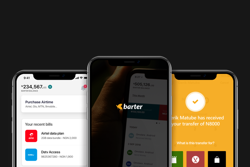Three iPhones displaying the Barter by Flutterwave app interface, showing features like virtual dollar balances, utility bill payments, and transaction history.