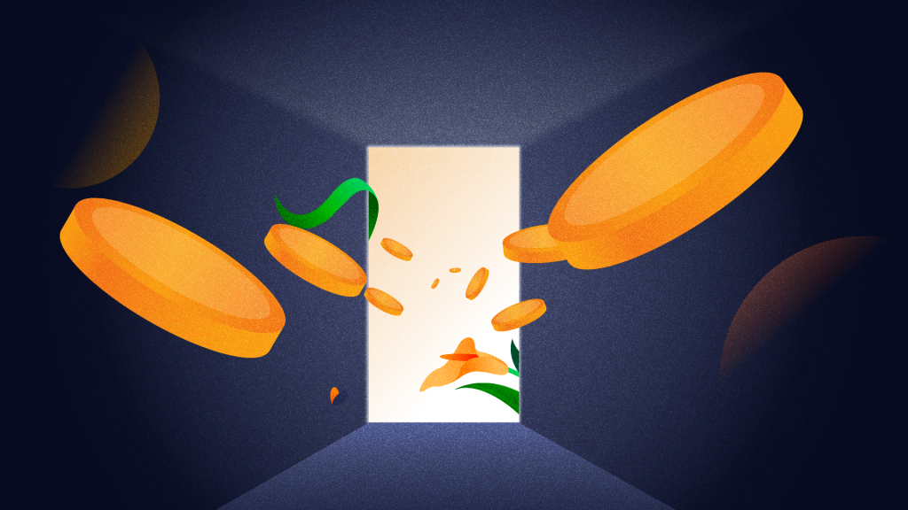 An abstract digital illustration of golden coins floating through an open doorway, representing the launch of Flutterwave’s unified payments infrastructure in 2016.
