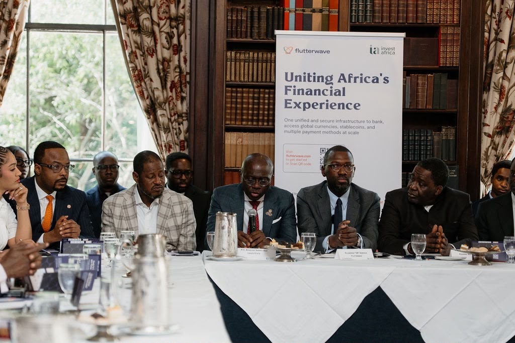 Radda; Lagos State Governor Babajide Sanwo-Olu; Flutterwave Founder and CEO Olugbenga Agboola; Deputy Chief of Staff to the President Senator Ibrahim Hassan Hadejia (representing Vice President Kashim Shettima); and Minister of Finance Taiwo Oyedele at the Flutterwave UNGA Executive Roundtable in New York. [Photo: Invest Africa]